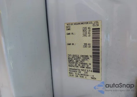 2016 Nissan Maxima 3.5 Sv z USA, uszkodzony, nr VIN 1N4AA6AP7GC907374